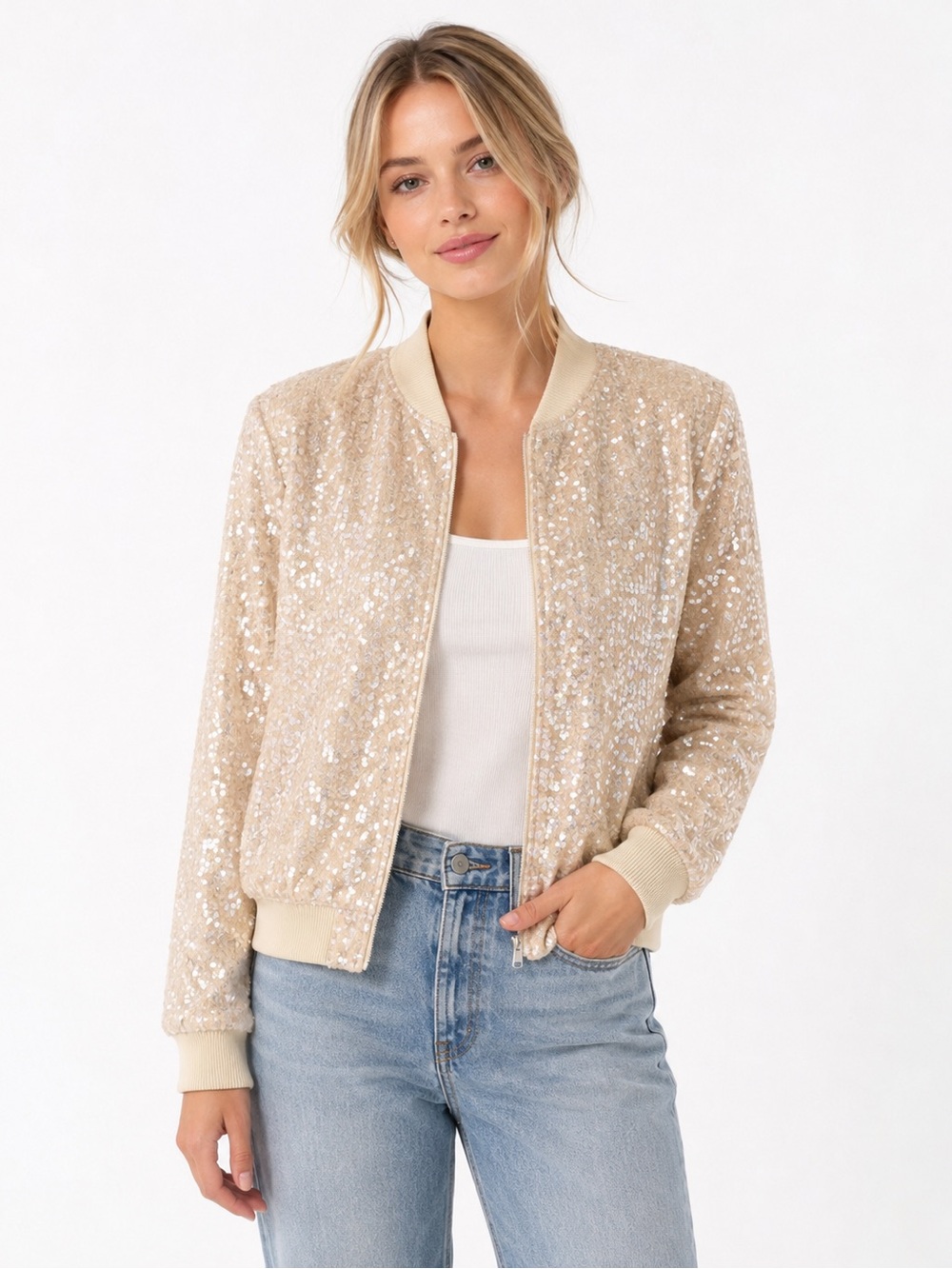 Endless Rose Nude Sequin Bomber Jacket small